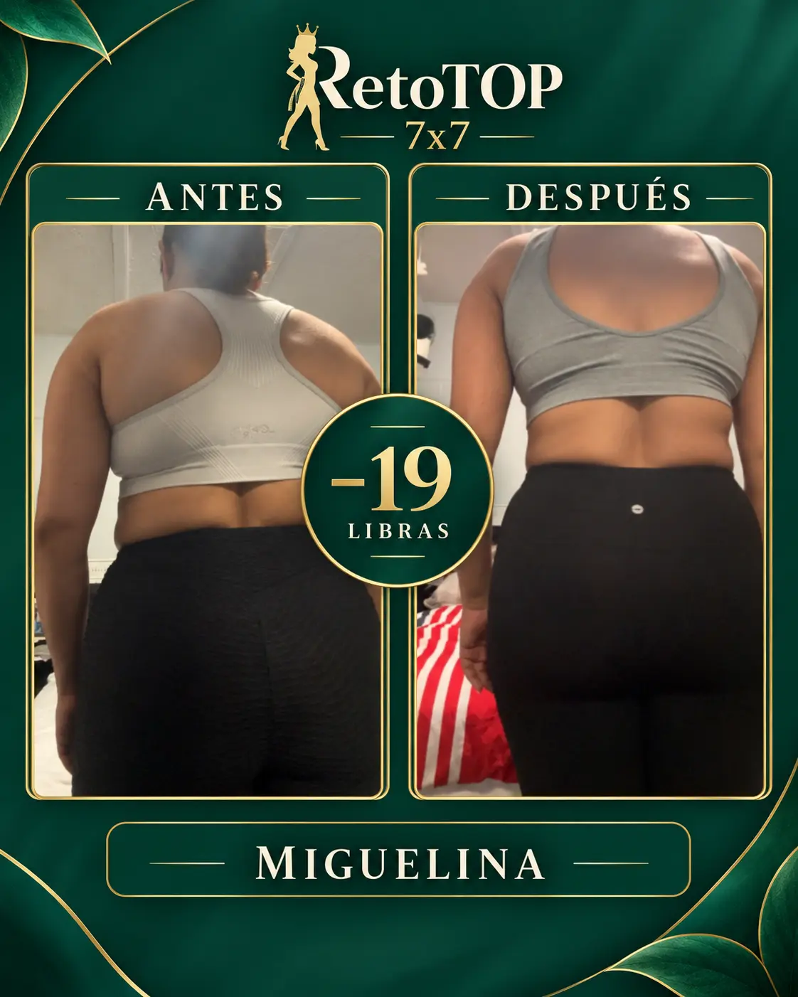 Comparación documentada de Miguelina: antes y después, con 19 libras reportadas